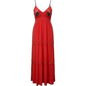 Madeline & Monroe Flamingo Embroidered Sleeveless Button Front Tiered Maxi Dress